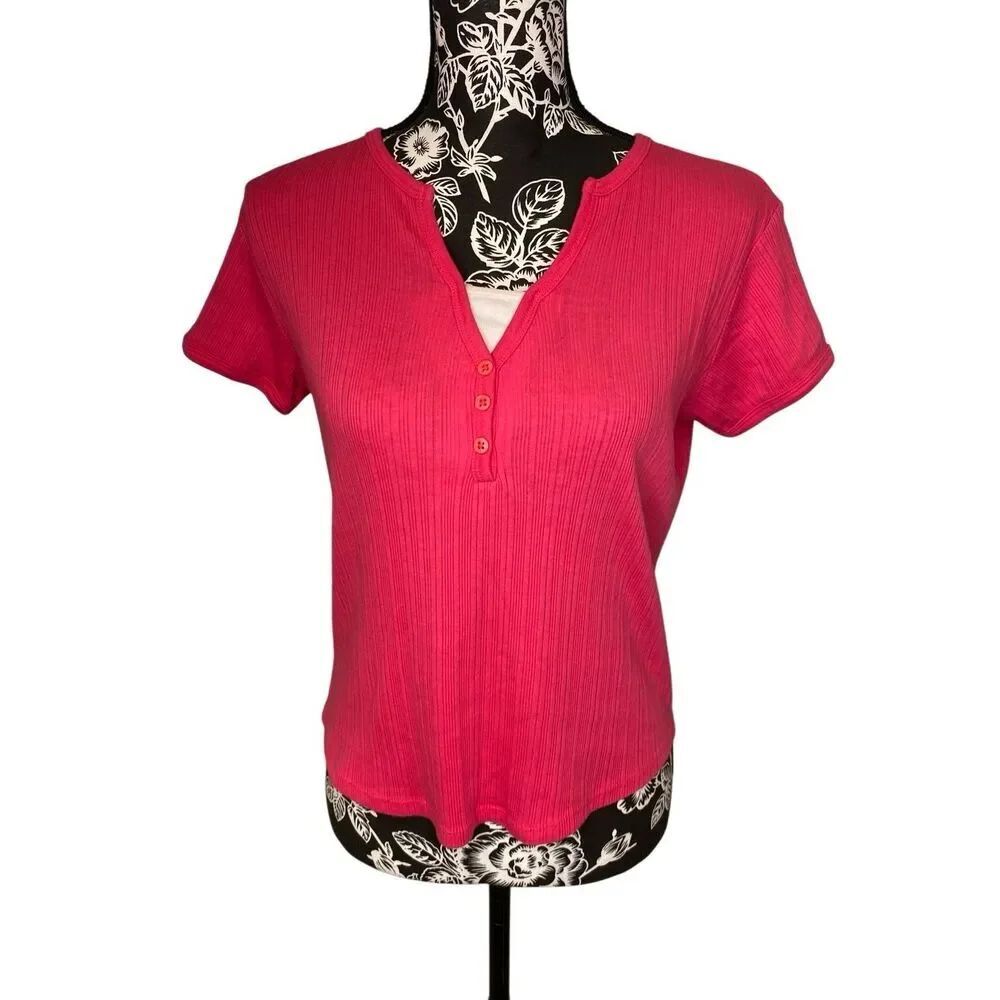 Envision Avenue Pink Ribbed Henley Top Short Sleeve Stretch Casual Tee Everyday